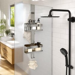 Hanging Shower Caddy with Storage Basket Organizer Towel Hooks Silver Bathroom