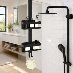 Hanging Shower Caddy Organizer Storage Basket Towel Hooks Black Bathroom Shelf