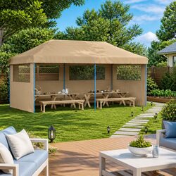 Foldable Pop-Up Party Tent with 3 Sidewalls Outdoor Garden Gazebo Beige