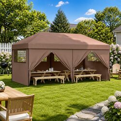 Foldable Pop-Up Party Tent 4 Sidewalls Brown Outdoor Gazebo Wedding Event