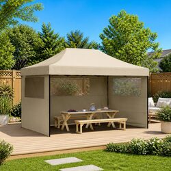Foldable Pop-Up Party Tent with 3 Sidewalls Clear Windows Outdoor Gazebo Taupe