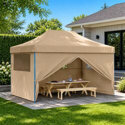 Foldable Pop-Up Party Tent 4 Sidewalls Beige Outdoor Canopy Garden Gazebo Event