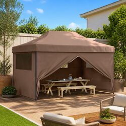 Foldable Pop-Up Party Tent 4 Sidewalls Clear Windows Zipped Door Brown Outdoor