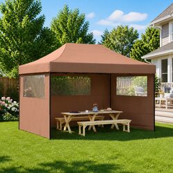 Foldable Pop-Up Party Tent Outdoor Gazebo with 3 Sidewalls Brown Garden Canopy