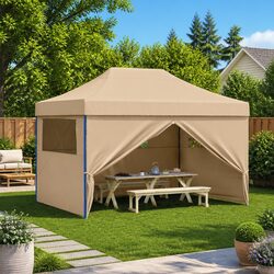 Foldable Pop-Up Party Tent with 4 Sidewalls Beige Outdoor Gazebo Wedding Event