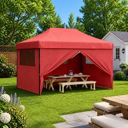 Foldable Pop-Up Party Tent with 4 Sidewalls Red Outdoor Event Gazebo Marquee