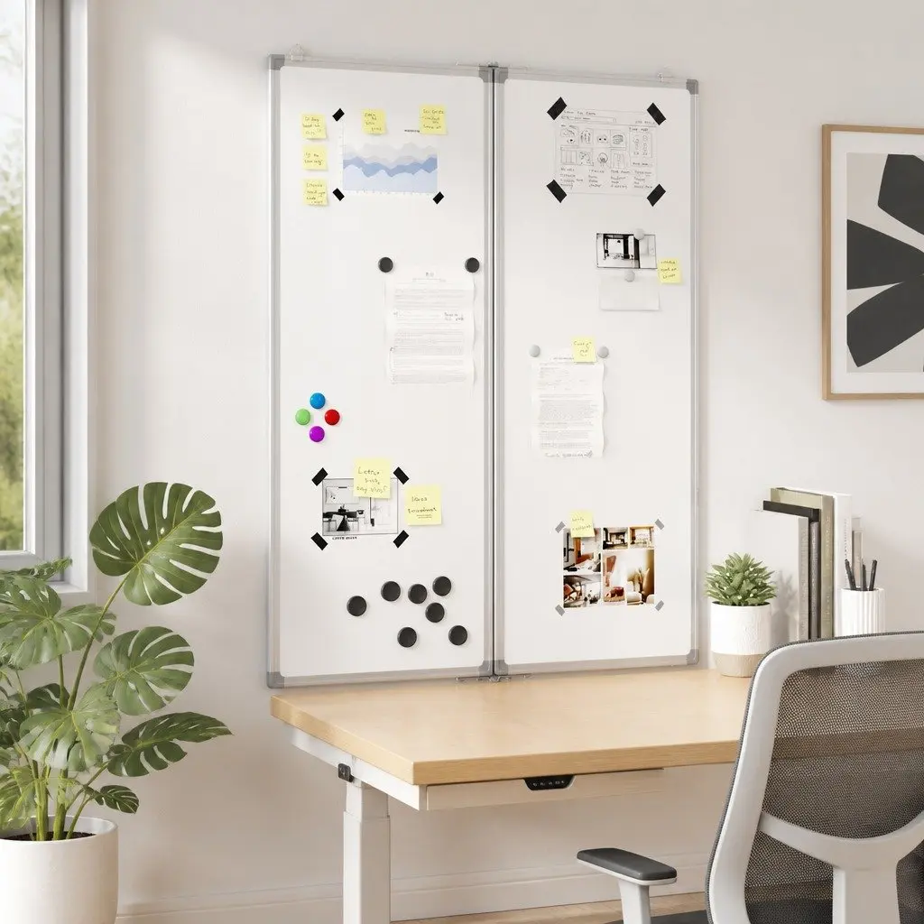 Magnetic Whiteboard Foldable Two Panel Display Board Smooth Lacquer Coated Surface Home Office