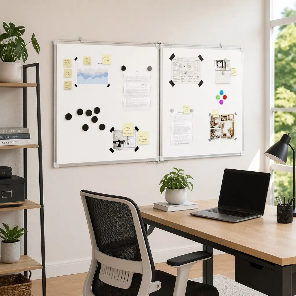 Magnetic Whiteboard Foldable Two Panel Display Board Smooth Lacquer Coated Surface Aluminium Frame