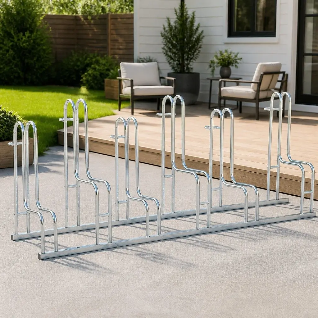 Bicycle Stand Floor Freestanding 6 Bikes Storage Galvanised Steel Silver Rack