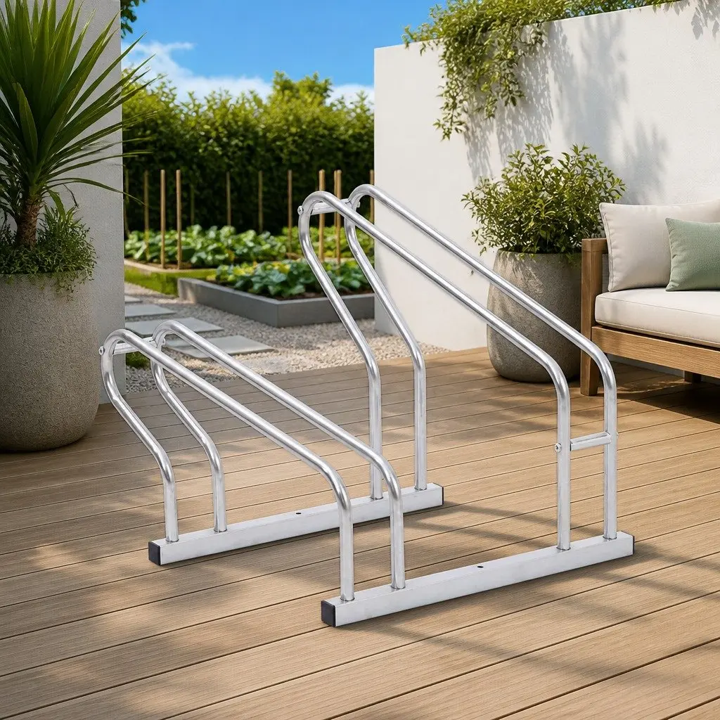 Bicycle Stand for 2 Bikes Floor Freestanding Silver Storage Rack Outdoor Indoor