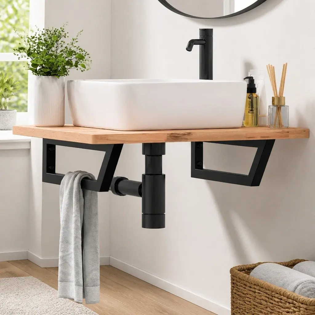 Shelf Brackets for Washbasin 2 pcs Black Trapezium Steel Wall Mount Storage