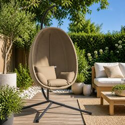 Hanging Egg Chair with Stand Taupe Fabric Steel Frame Garden Swing Outdoor Porch
