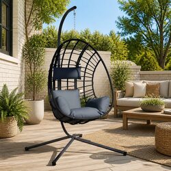 Hanging Egg Chair with Stand Anthracite Rattan Steel Frame Garden Porch Swing