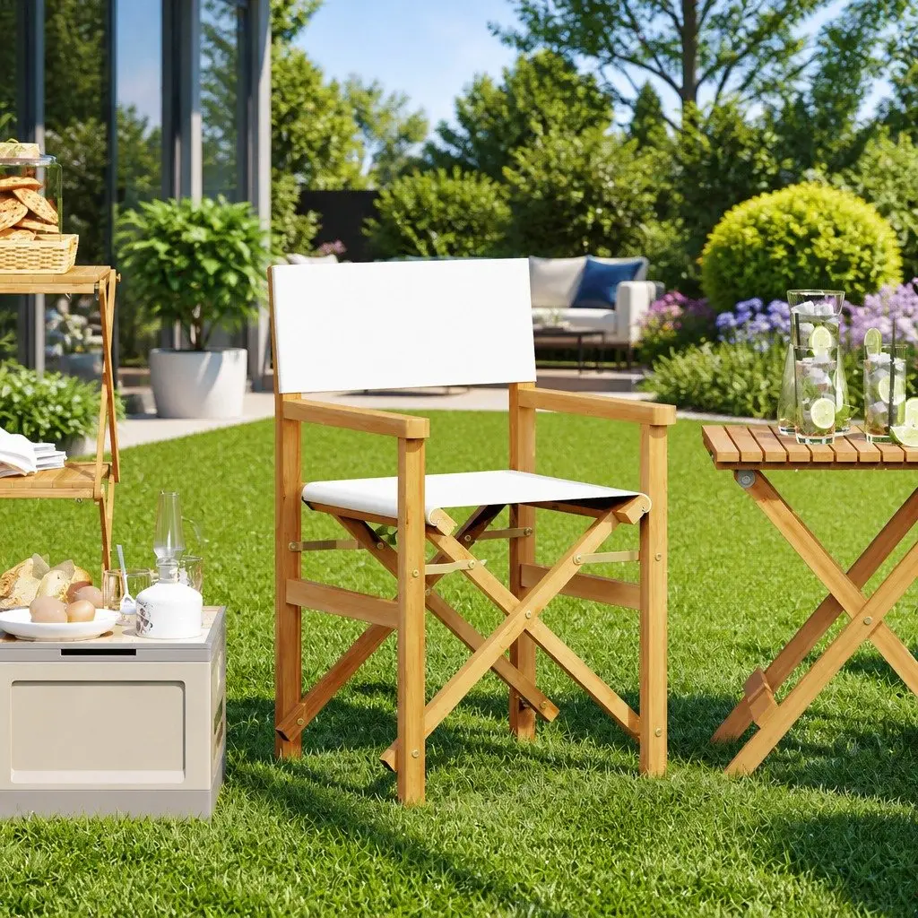 Folding Director's Chair Cream Teak Wood Outdoor Garden Patio Seating