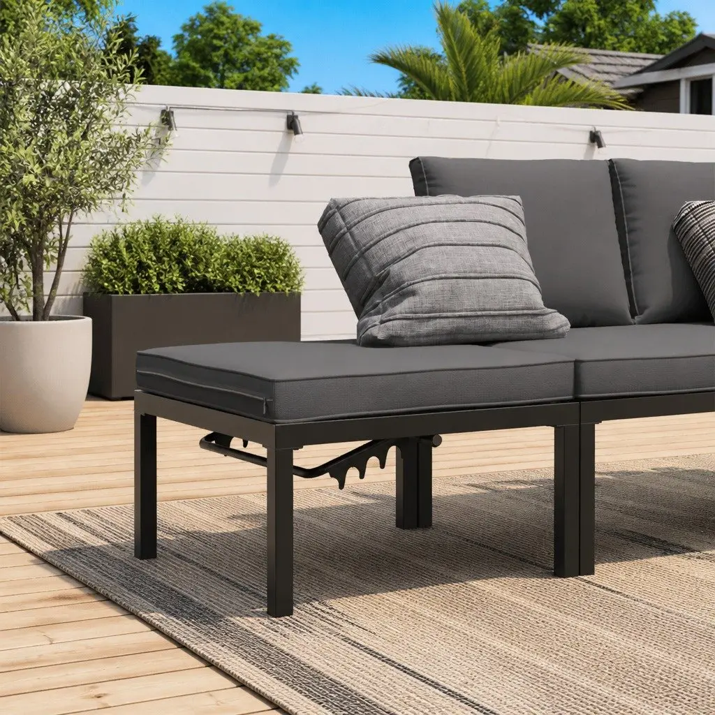 Garden Stool with Cushion Black Outdoor Foot Rest Adjustable Seat Panel