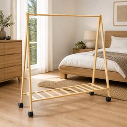 Bamboo Clothes Rack with Shelves Wheels Foldable Garment Storage Organiser Brown