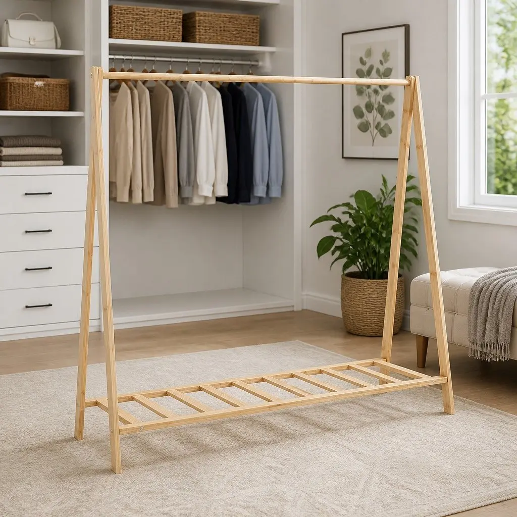 Bamboo Clothes Rack Foldable Garment Organiser with Shelves Brown
