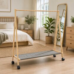 Bamboo Clothes Rack with Shelves Wheels Foldable Garment Organiser Storage Brown