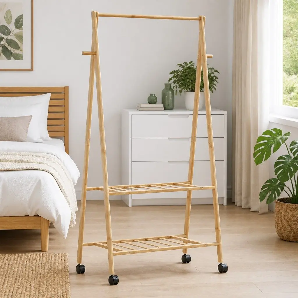 Bamboo Clothes Rack Foldable with Shelves Wheels Brown Garment Organiser Storage