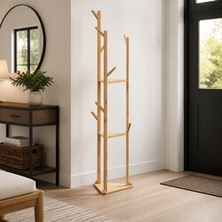Coat Stand with Hooks and Shelves Bamboo Clothing Rack Entryway Hallway Storage