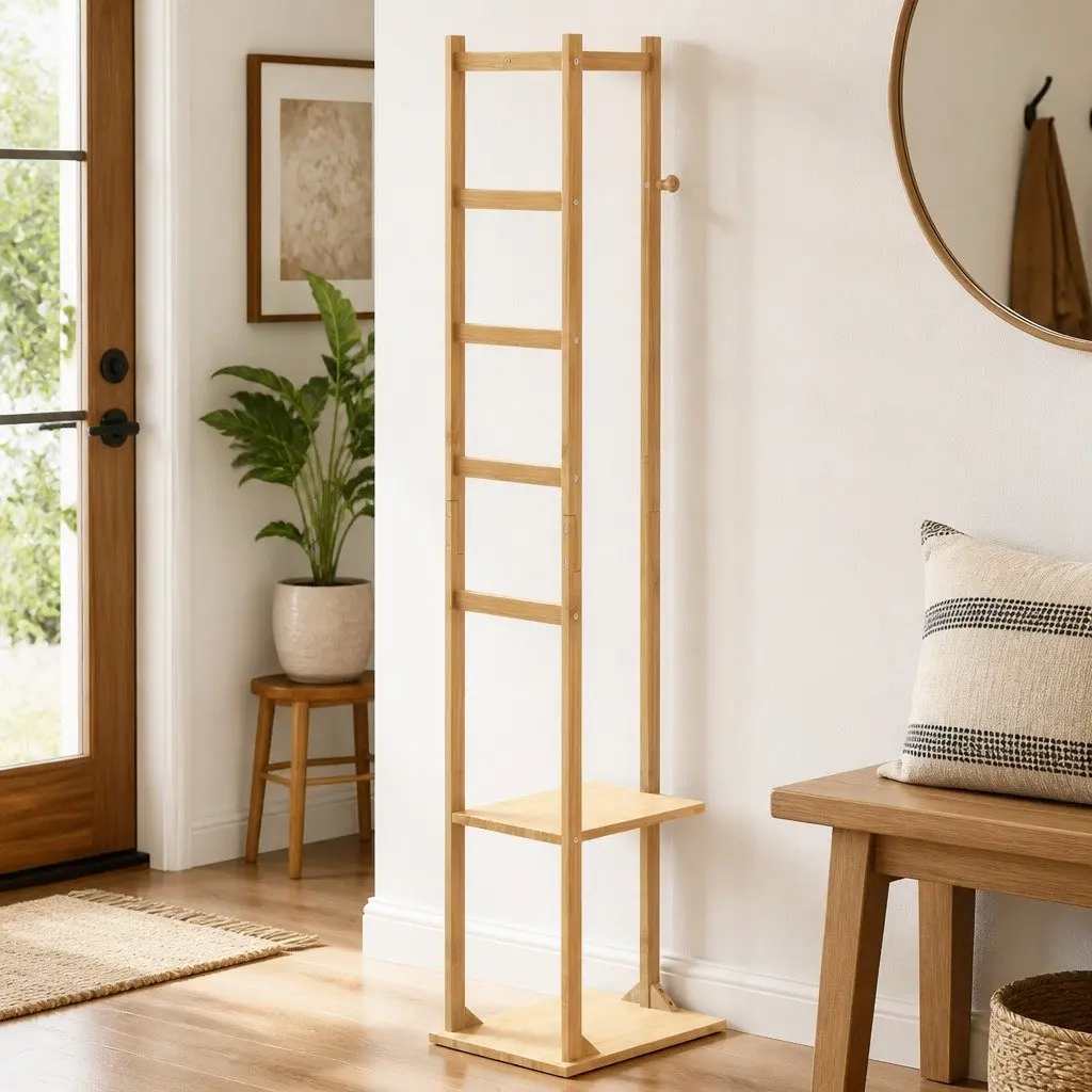 Bamboo Coat Stand with Hooks and Shelves Space-saving Tall Slim Profile Brown