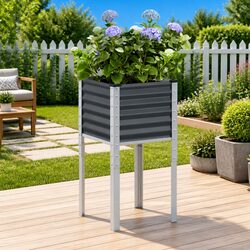 Steel Garden Planter Box Anthracite 45x45x88cm Outdoor Flower Pot Raised Bed