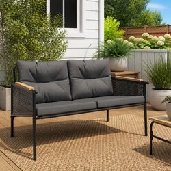 Garden Bench with Cushions 116cm Outdoor Seating Steel Frame Black