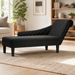 Chaise Lounge Chair with Lumbar Pillow Right Armrest Black Fabric Living Room