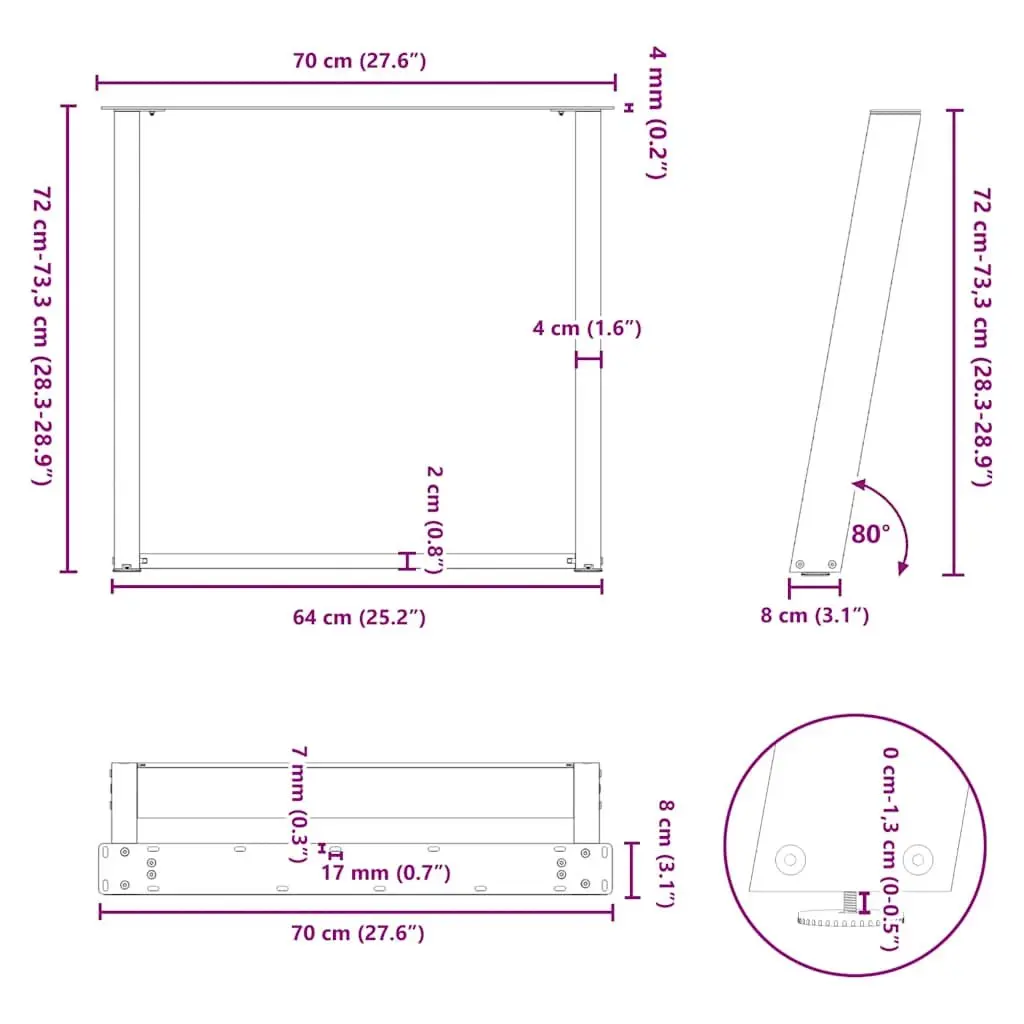 Dining Table Legs U-Shaped Adjustable Levelers 70x72-73cm Black Steel 2 pcs