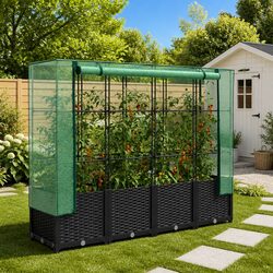 Raised Garden Bed Greenhouse Cover Rattan Look 160x40x138cm Black Growing