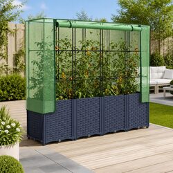 Raised Garden Bed with Greenhouse Cover Grey Rattan Look 160x40x153cm Planter