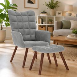 Relaxing Armchair with Footstool Grey Velvet Lounge Chair Bedroom Living Room