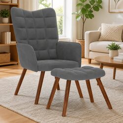 Relaxing Armchair with Footstool Grey Velvet Lounge Chair Bedroom Living Room