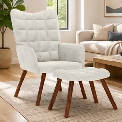 Relaxing Chair with Stool Cream Velvet Armchair Lounge Seat Footrest Furniture