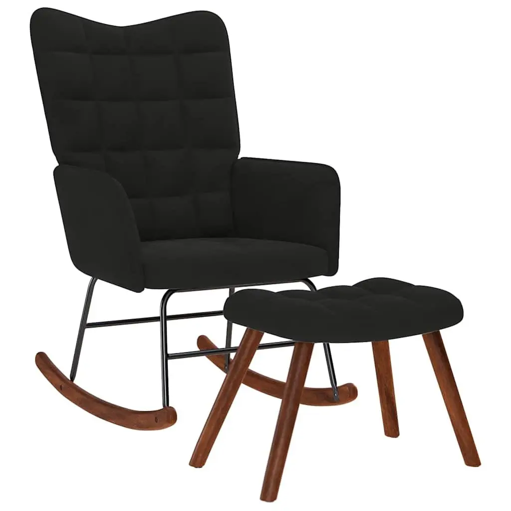 Rocking Chair Black Velvet Armchair with Stool Plywood and Metal Frame