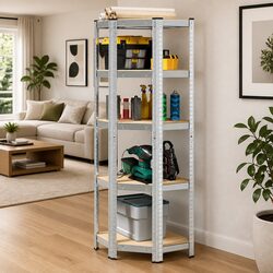 5-Layer Corner Shelf Storage Rack Steel Frame Engineered Wood Industrial