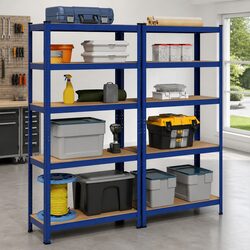 5-Layer Industrial Storage Shelves Blue Steel Engineered Wood Garage Rack 2 Pack