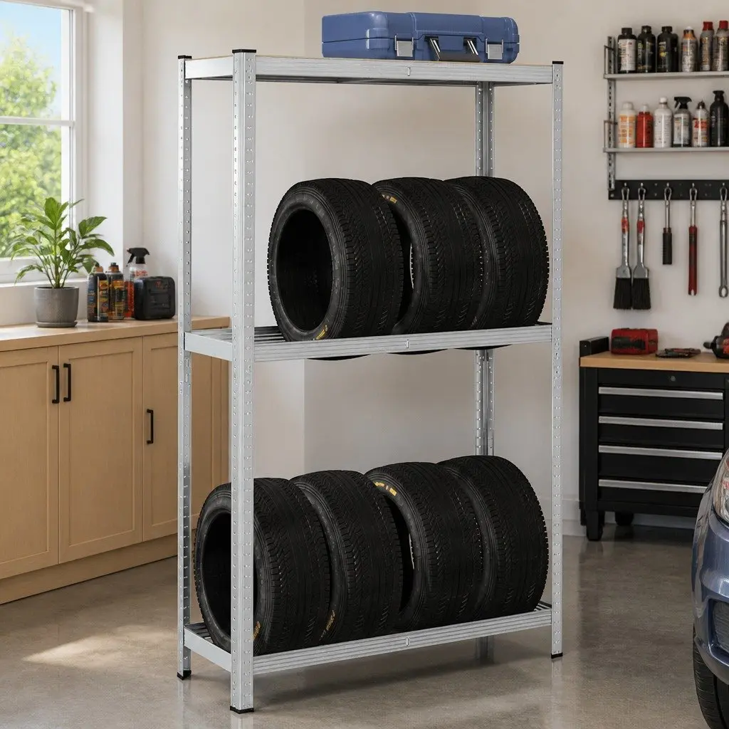 2-Layer Industrial Tyre Shelf Storage Rack Garage Workshop Silver Steel