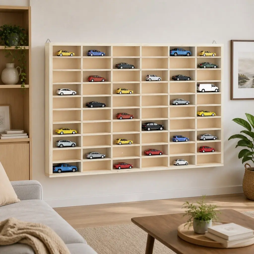 Wooden Display Case Wall Mounted 60 Compartments Brown Plywood