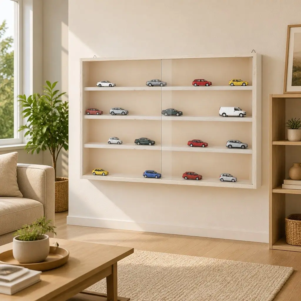 Wooden Wall Mounted Display Cabinet with Doors 4 Shelves Collector Storage Case