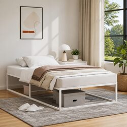 Single Metal Bed Frame 92x187 cm White Slatted Base Storage Space