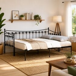 Daybed with Trundle Single Metal Frame Black 92x187cm Sofa Bed Storage Space