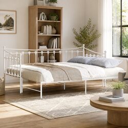 Daybed with Trundle White 92x187cm Single Metal Frame Sofa Bed Guest Storage
