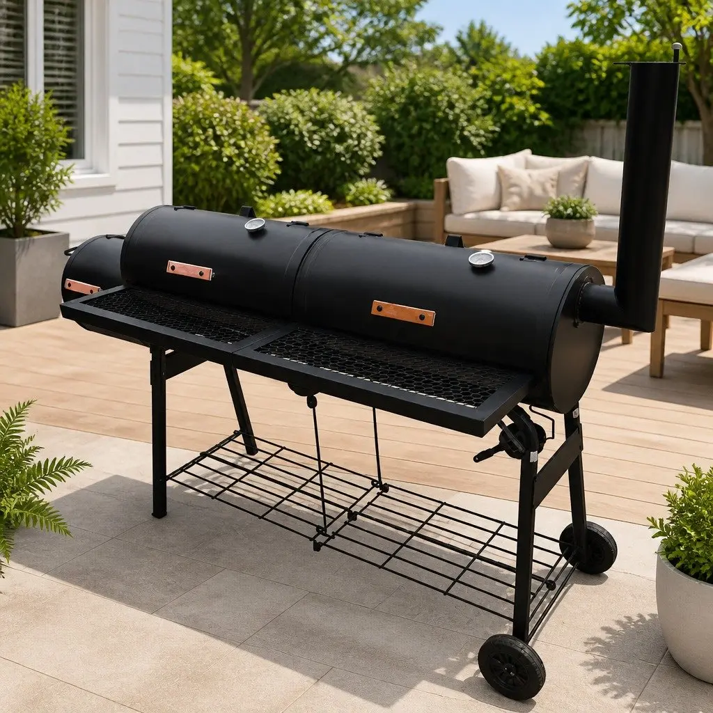 Smoker BBQ Nevada XL Black Offset Smoker Grill Outdoor Charcoal BBQ Fire Box