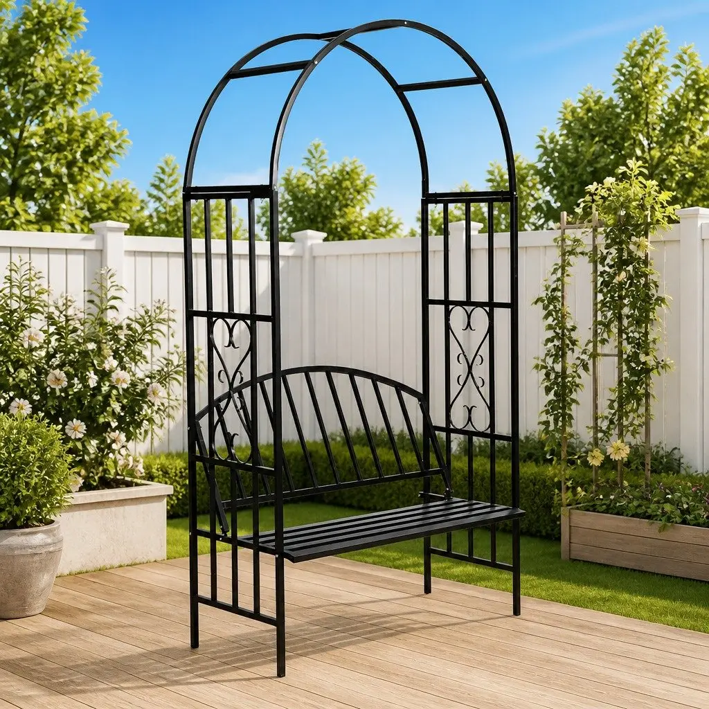 Garden Arch with Bench Outdoor Structure Rose Trellis Pergola Patio Arbour Black