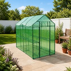 Greenhouse Steel Frame Green Transparent Cover Walk-in Door Plants Flowers