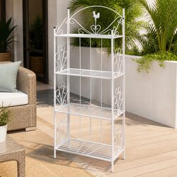 4-Tier Plant Rack Square White Garden Patio Display Stand Flower Pattern Steel