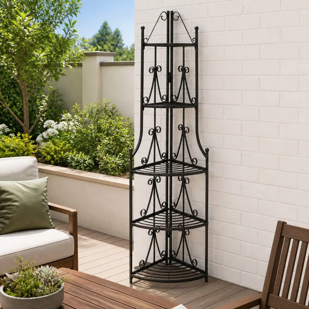 5-Tier Corner Plant Rack Black Steel Garden Patio Stand Display Flower Shelf Unit