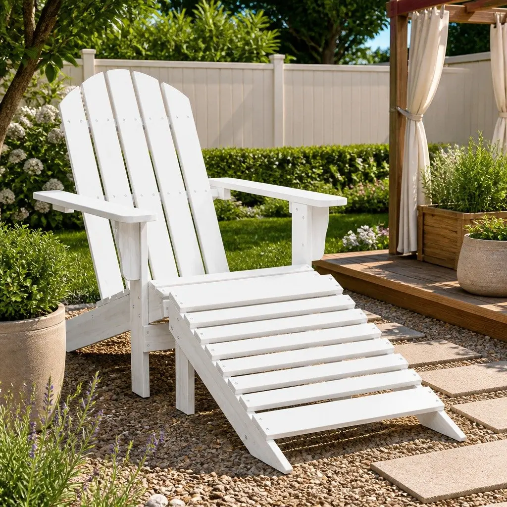 Garden Chair with Ottoman White Wooden Outdoor Armchair Patio Seating Footstool