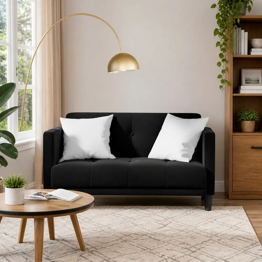 Loveseat Sofa Velvet Fabric Black 111cm Compact Two Seater Couch
